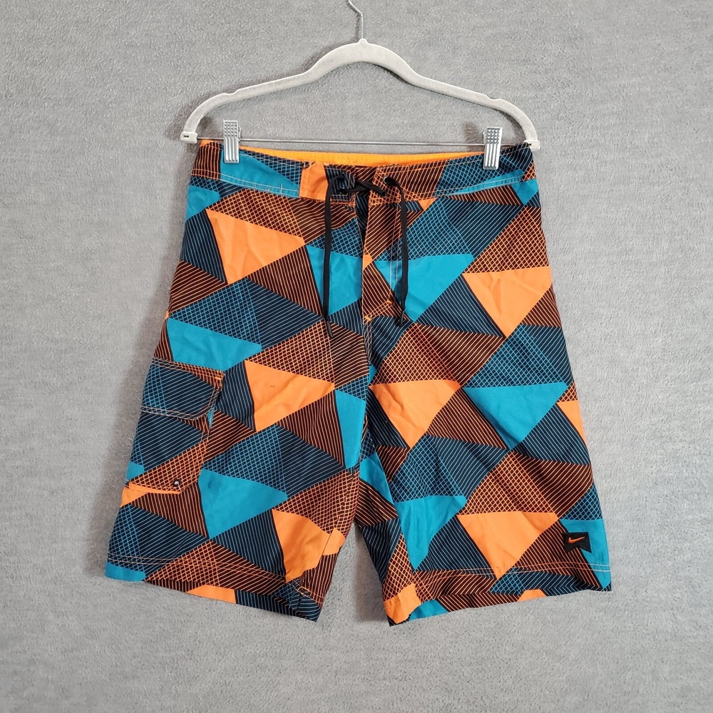 VINTAGE Nike Men Swimwear 32 Blue Geometric Board Shorts Logo Outdoor Surf Y2K